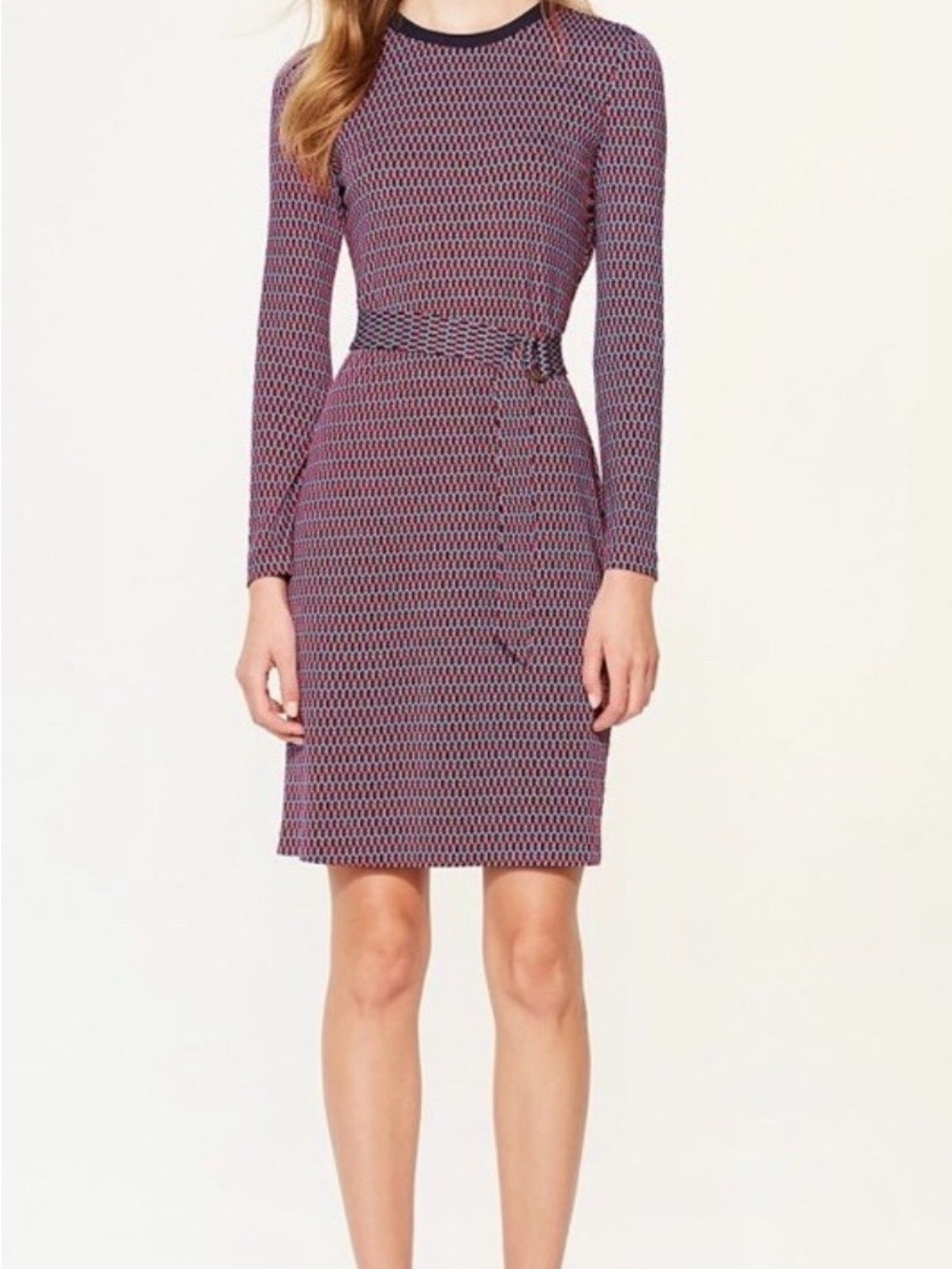 Tory Burch Sz S Long-Sleeve Red Navy Patterned Belted Sheath Dress NO Belt